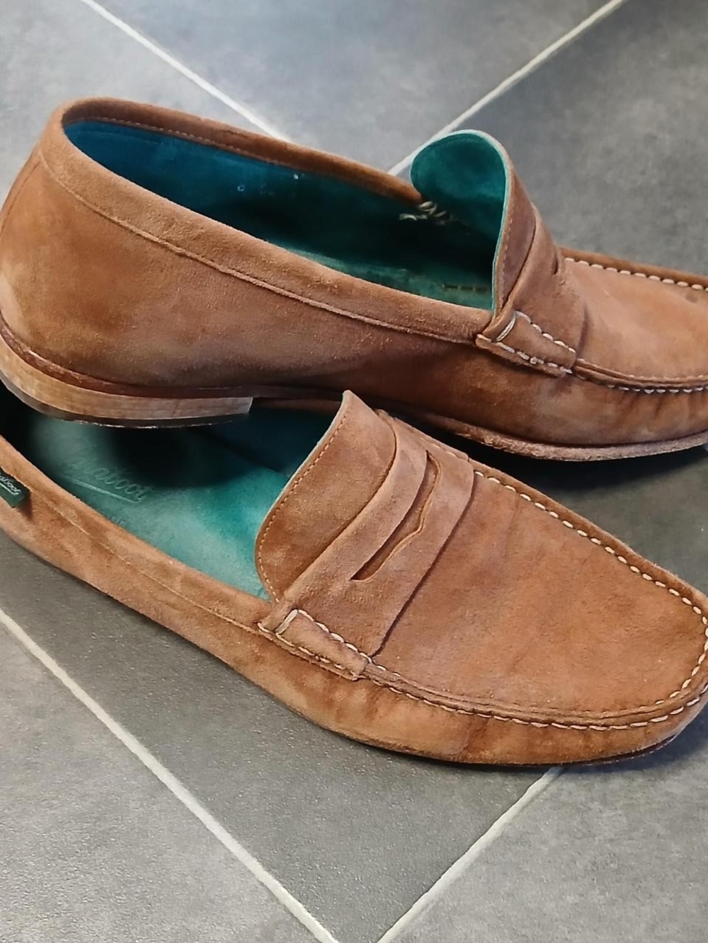 Paraboot Size 10 Men's Brown Suede Penny Loafers with Teal Lining